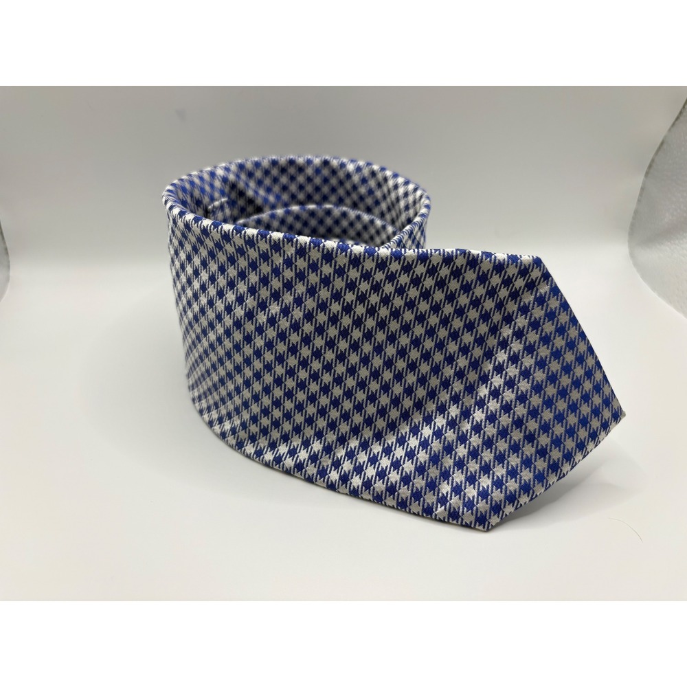 John W Nordstrom Mens Blue Silver Houndstooth Silk Necktie Made in USA 3.5 Inch